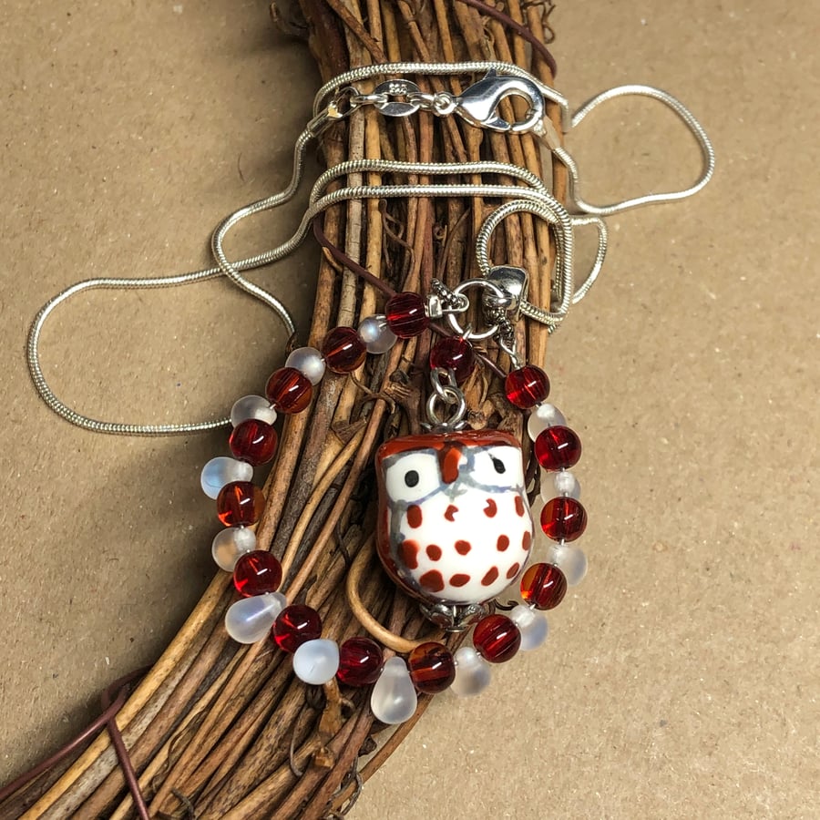 Porcelain red owl hoop necklace 