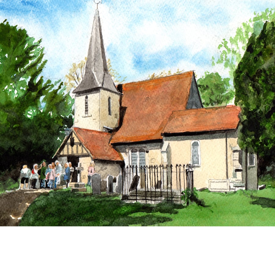 St Peter and St Paul's Church, Chaldon. Original watercolour painting.