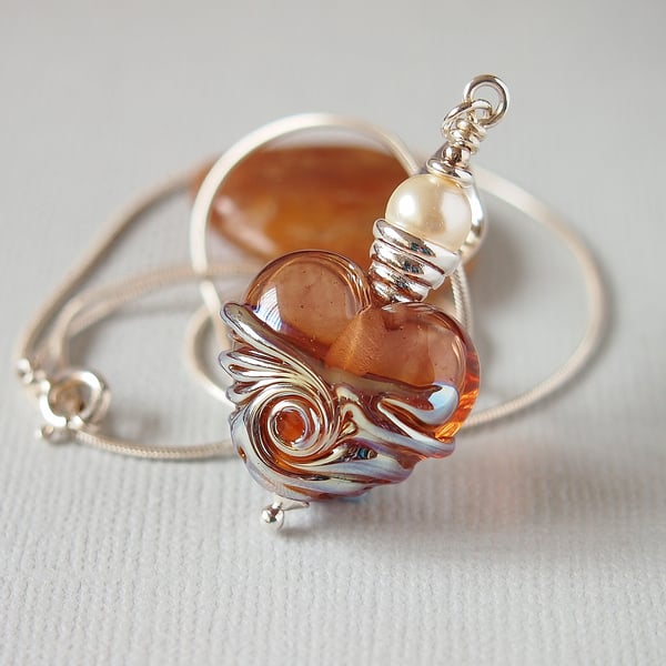 Peach Brown Heart Pendant - Lampwork Glass - Sterling Silver