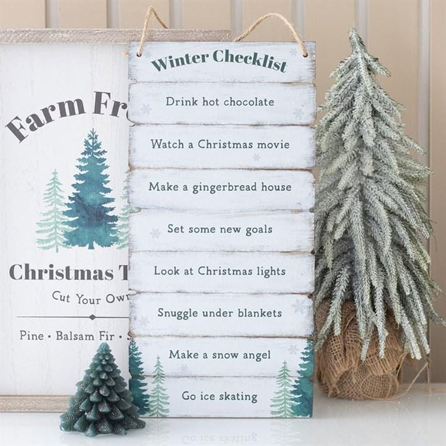 Winter Checklist Hanging Sign Cosy Christmas Bucket List Plaque Rustic Wooden Fe