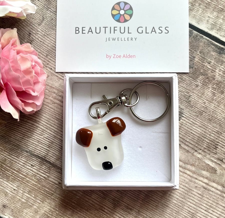 White dog keyring, brown ears - fused glass puppy