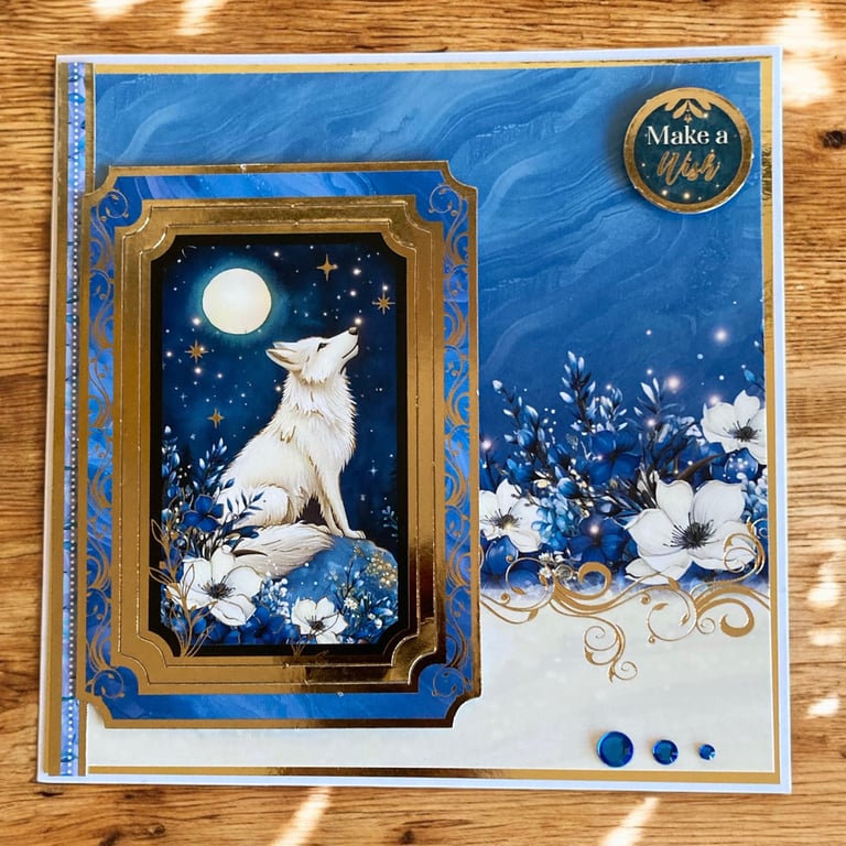 Moonlit Wolf “Make a Wish” Blank Handmade Card – Blue & Gold Fantasy Greeting
