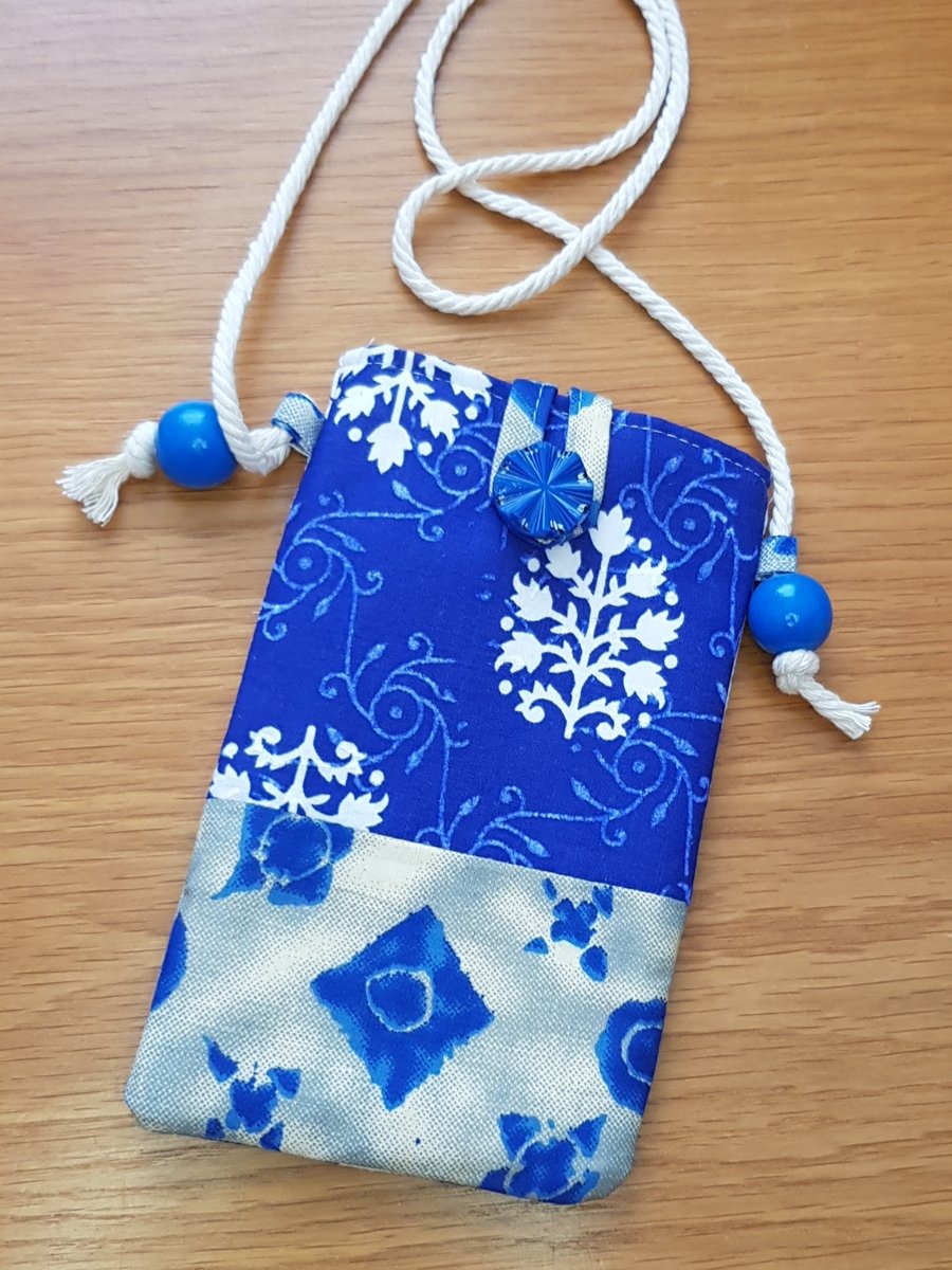Indian block print fabric mobile phone pouch in blue prints