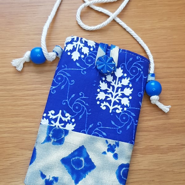Indian block print fabric mobile phone pouch in blue prints