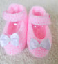 Pink knitted baby booties, Mary Jane shoes, premature to 3 months