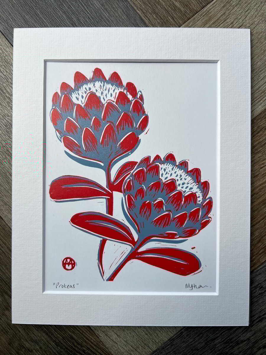 Proteas Handmade Original Lino Print Rich Red Mounted