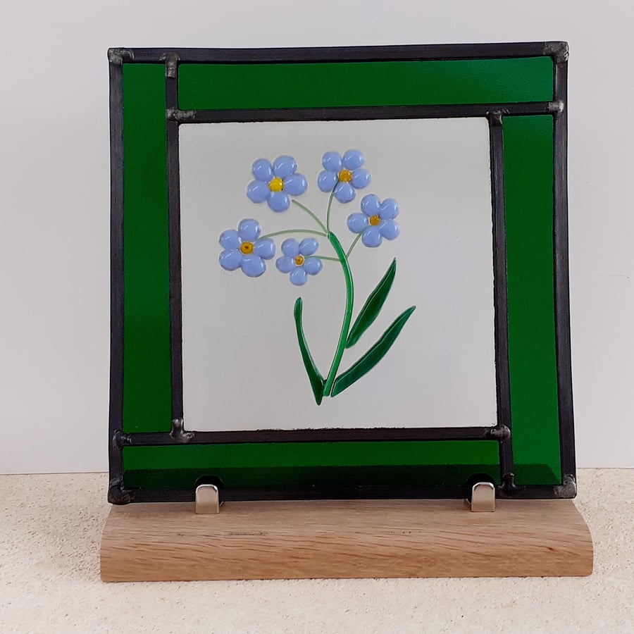 Leaded stained glass panel, with fused glass forget-me-not flower design