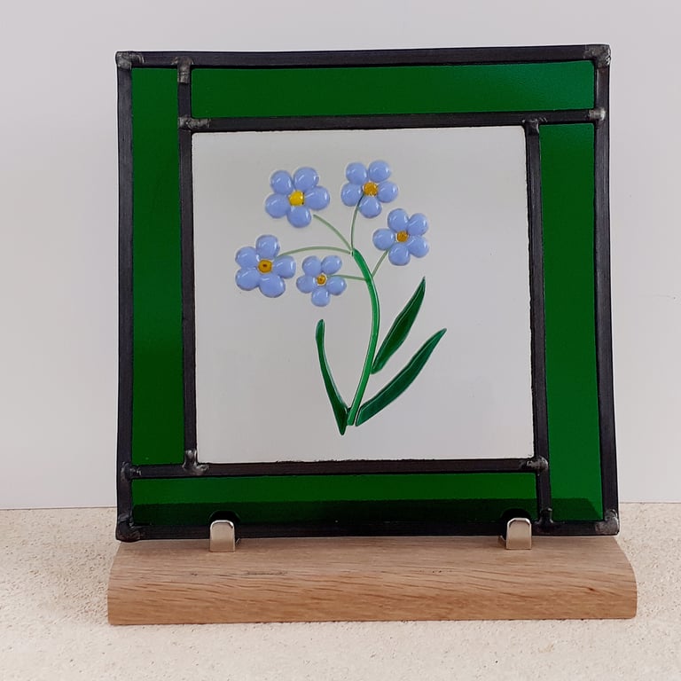 Leaded stained glass panel, with fused glass forget-me-not flower design
