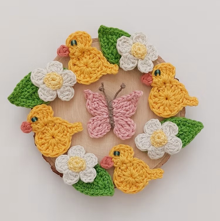 Spring Crochet Set – Leaves, Yellow Chicks, Butterfly & Daisies