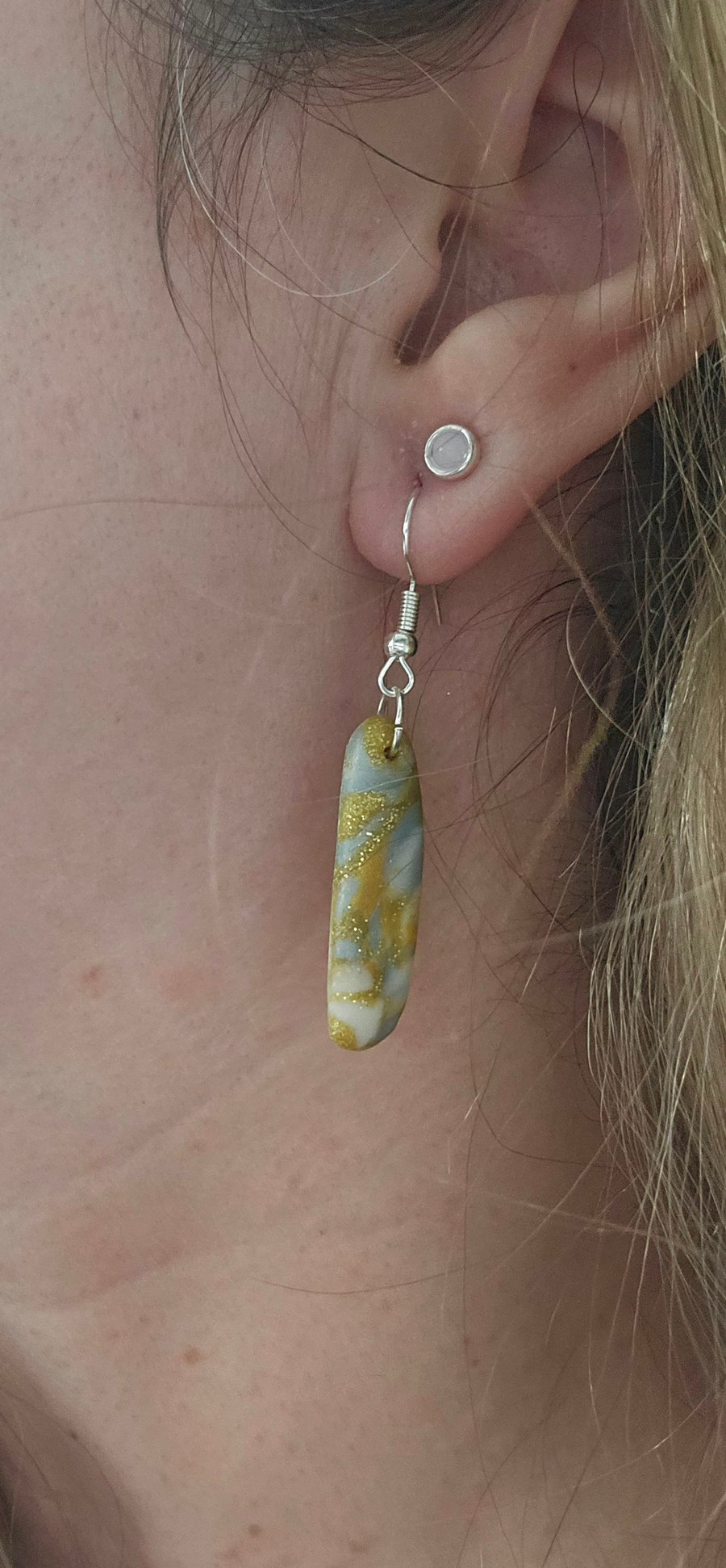 Polymer clay dangle gold marble effect earrings on silver plated earhooks