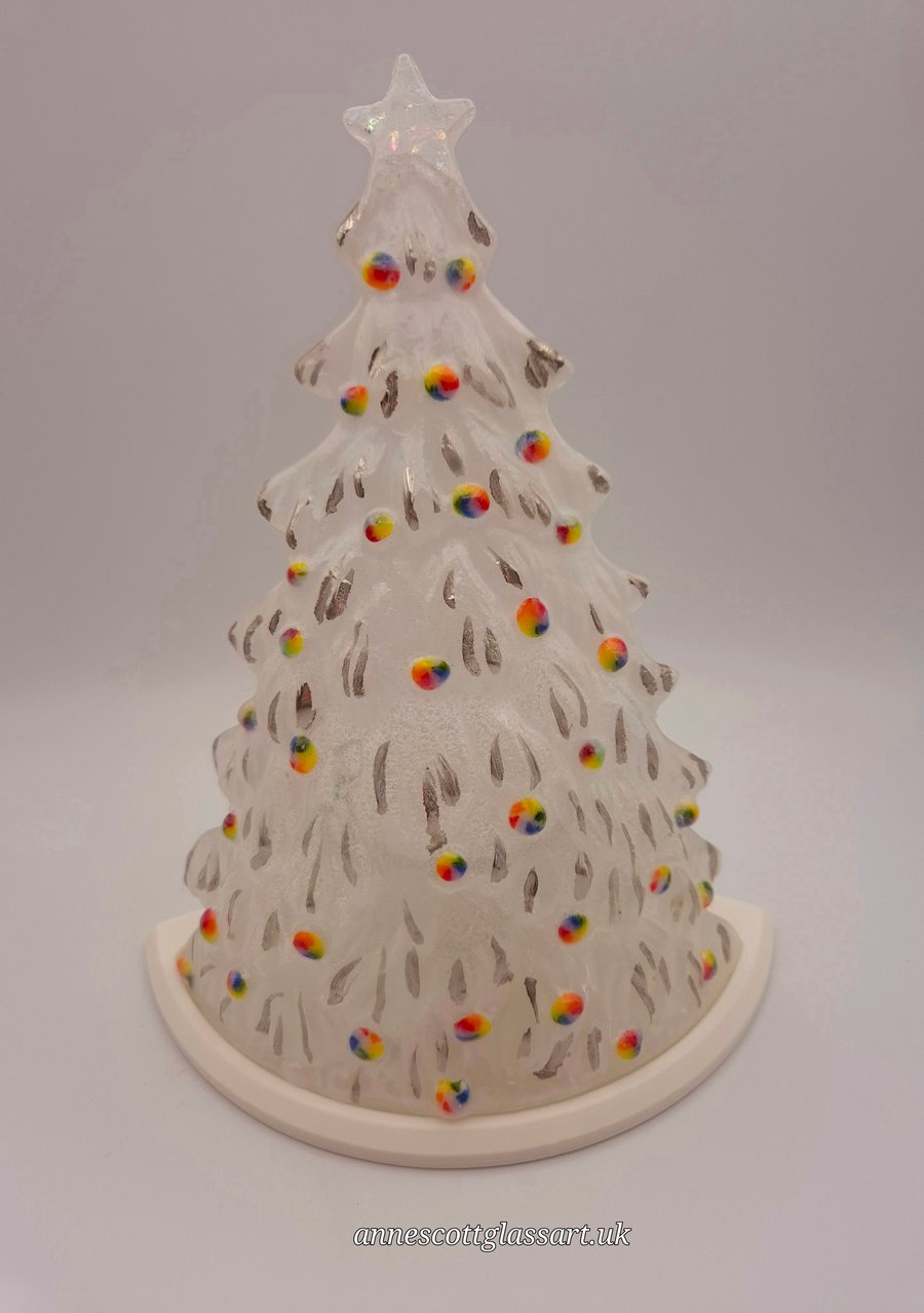 Handmade Fused Glass 3D Opaline Christmas Tree Candle Holder Multi. Platinum