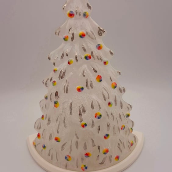 Handmade Fused Glass 3D Opaline Christmas Tree Candle Holder Multi. Platinum