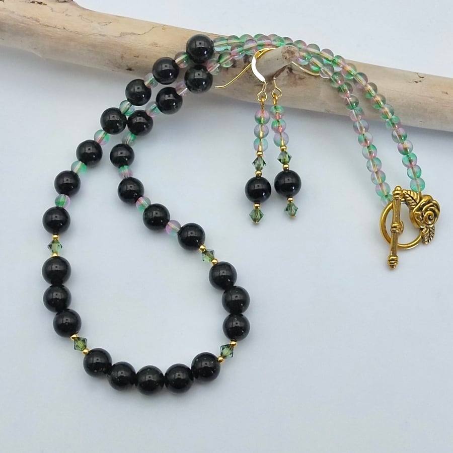 Green Goldstone Necklace & Earrings Set With Swarovski Crystals, Summer Sale