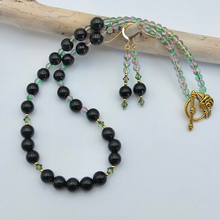 Green Goldstone Necklace & Earrings Set With Swarovski Crystals, Summer Sale