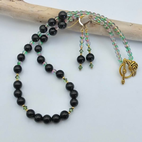 Green Goldstone Necklace & Earrings Set With Swarovski Crystals, Summer Sale