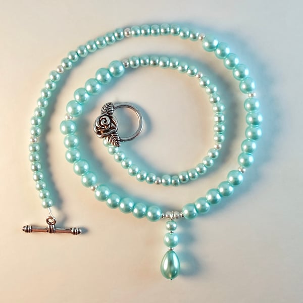 Pale Aqua Glass Pearl Necklace - Handmade In Devon