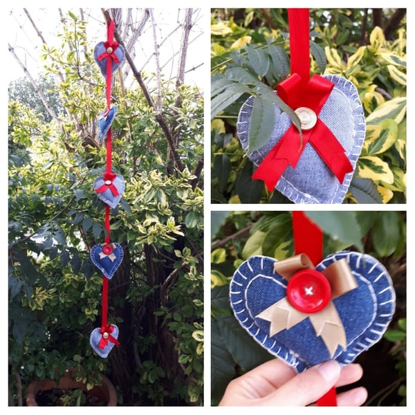 Denim hearts garland with red ribbon and upcycled denim. Free uk delivery. SALE 