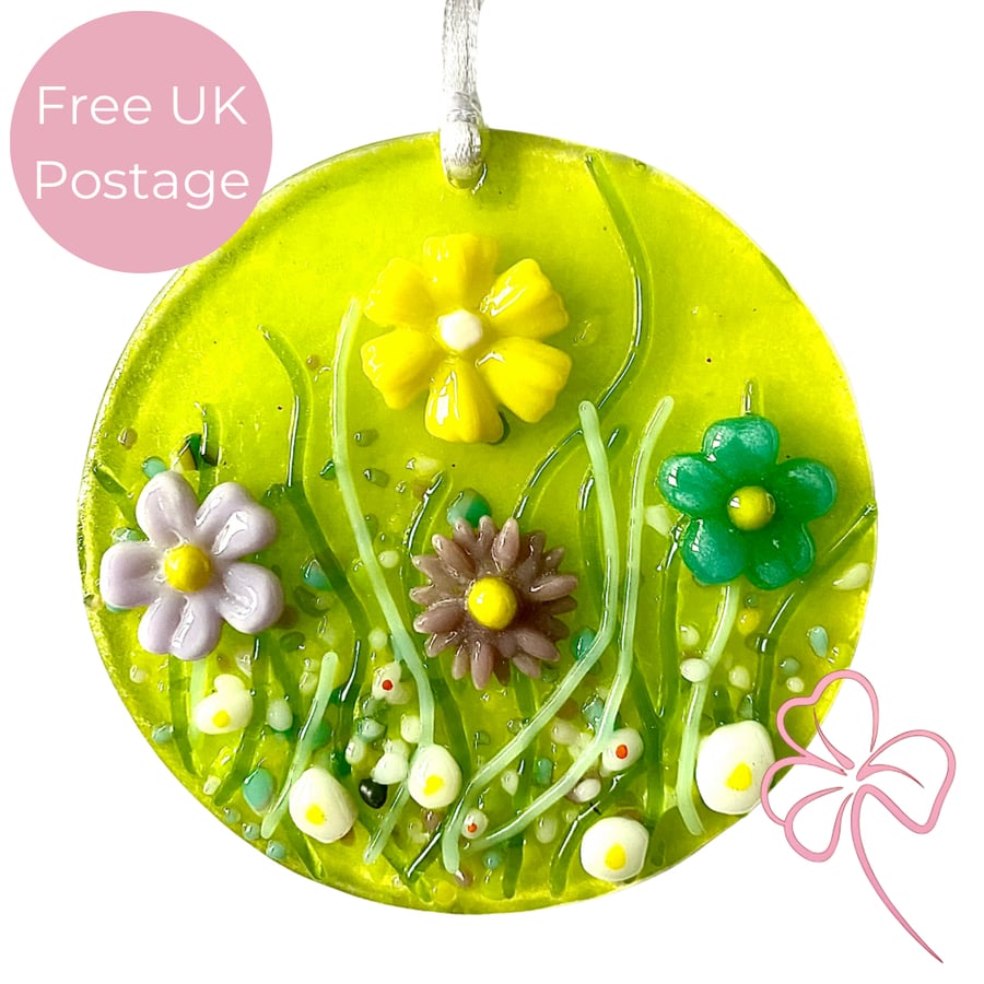 Fused Glass Wildflower Meadow Hanging Decoration - Plum, Blue, Yellow & Lilac