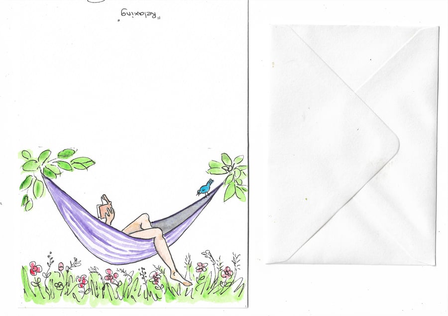 Relaxing in the garden. Card for Her. Print of original painting