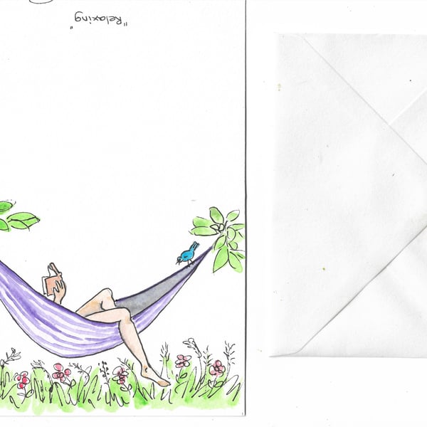 Relaxing in the garden. Card for Her. Print of original painting