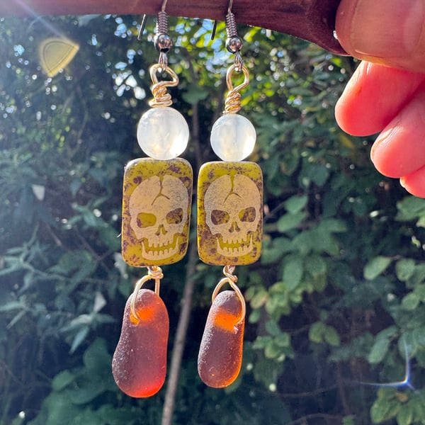 Genuine amber brown seaglass skull glass bead dangly earrings 