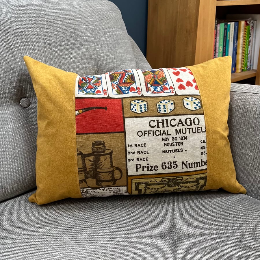 Vintage Minor Vices linen and mustard fabric cushion cover  