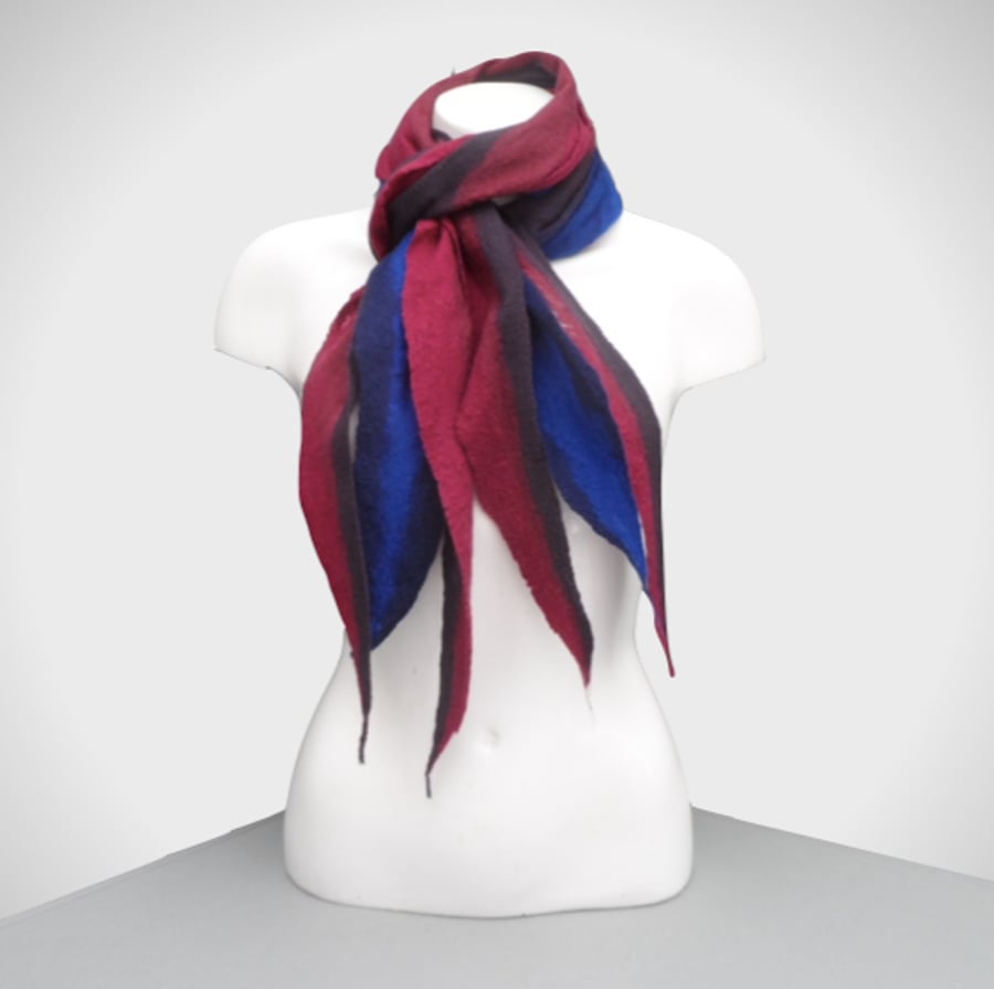 Cobweb felt scarf, merino wool in reds and blues with shaped ends, SALE