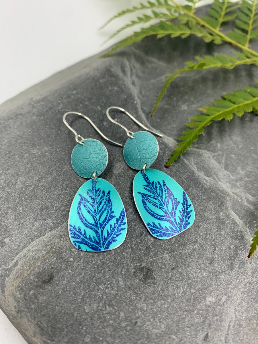 Teal fern aluminium earrings