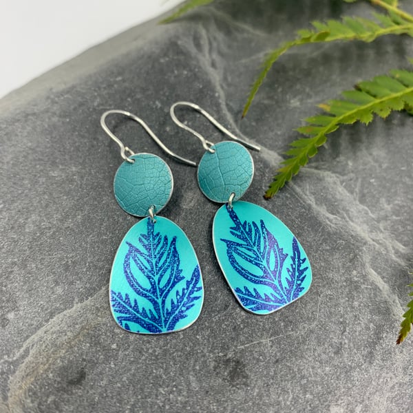 Teal fern aluminium earrings