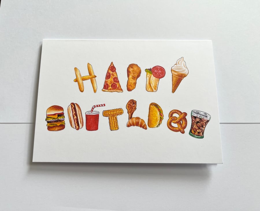 Happy Birthday card - fast food alphabet word art - 7x5 inches