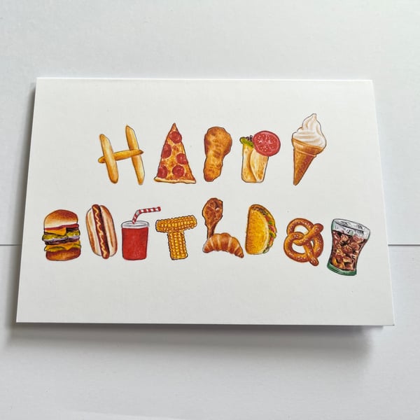 Happy Birthday card - fast food alphabet word art - 7x5 inches