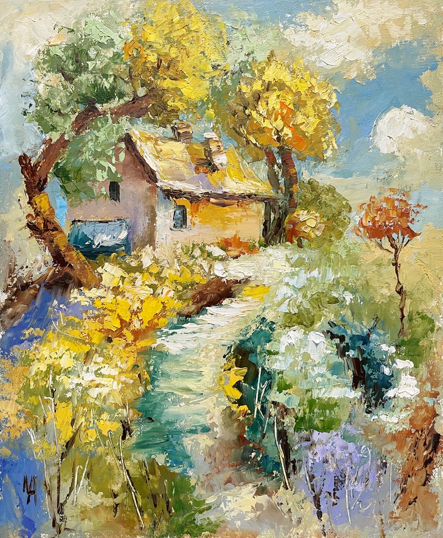 Country Cottage Wall Art – Oil Painting on Canvas Board – Landscape