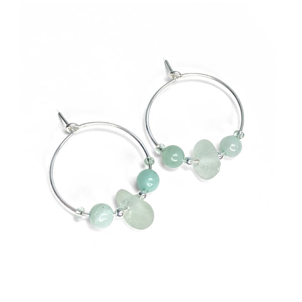 Sea Glass Hoop Earrings. Small Green Sterling Silver Amazonite Beaded Hoops