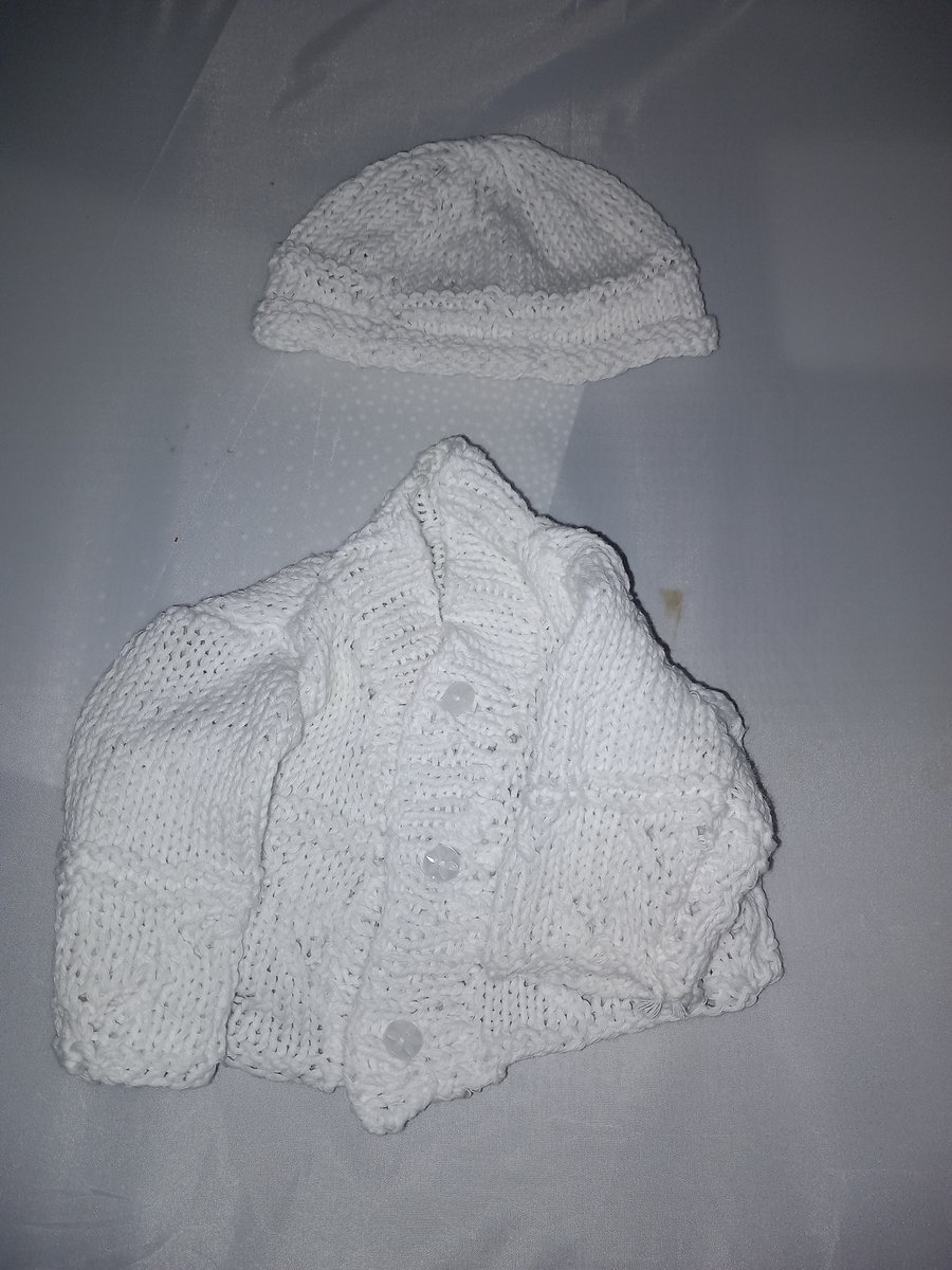 White cotton handknit cardigan and hat setbaby knitware