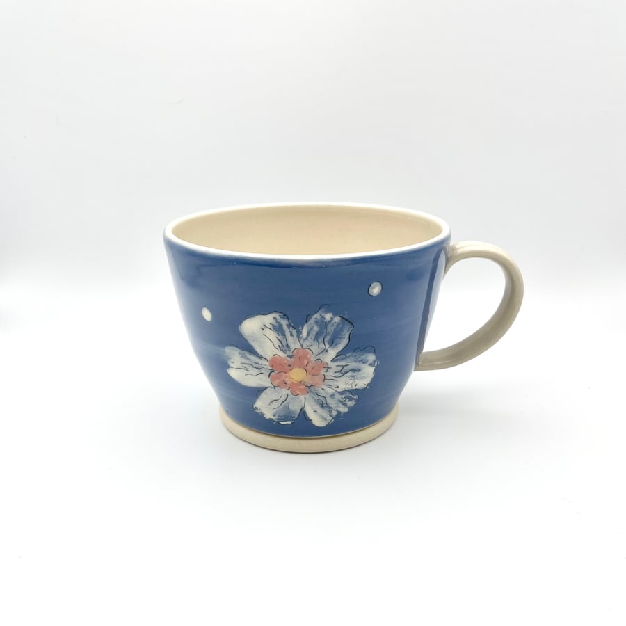 Handmade Mug Tea Coffee Blue White Flowers Mothers Day Birthday Pottery Gift