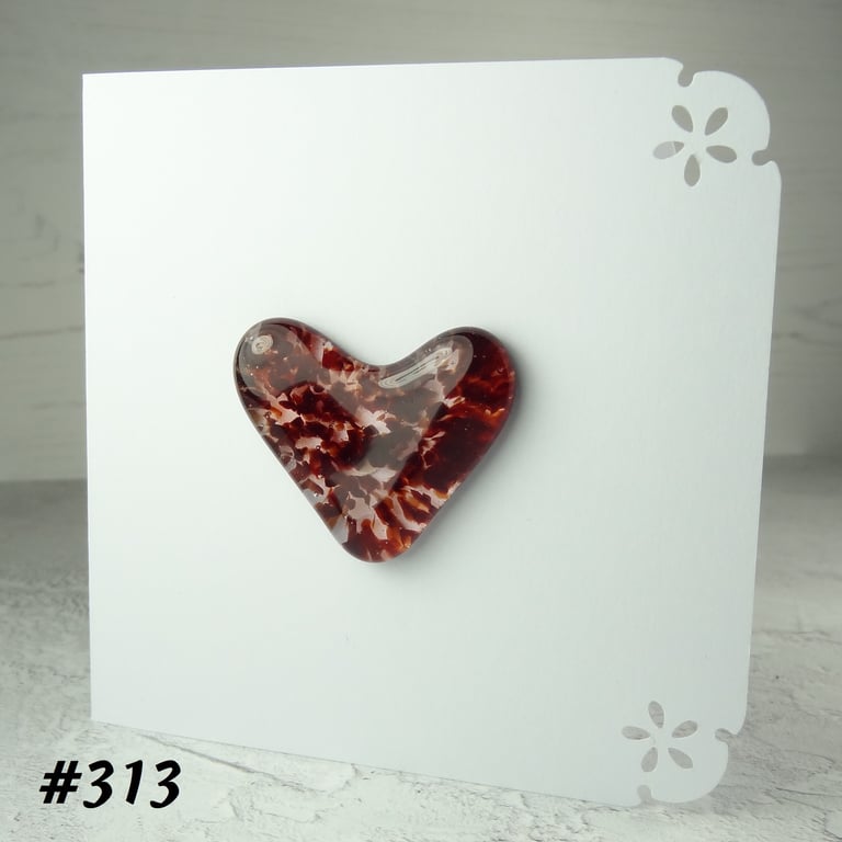 Handcrafted red speckled heart fused glass blank card (313)