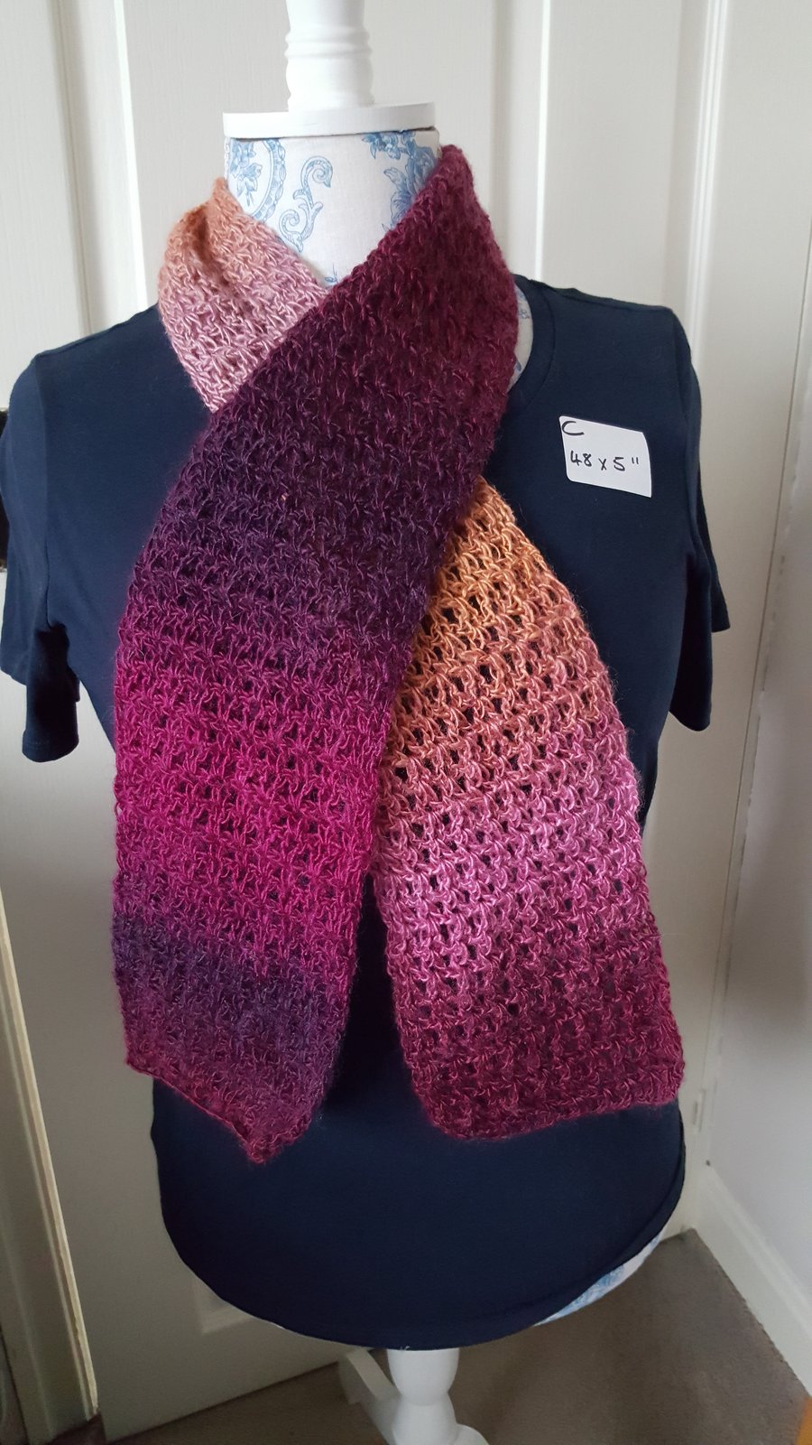 pinks and maroons lightweight lacy crocheted scarf, 48 x 5 inches