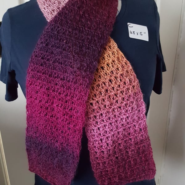 pinks and maroons lightweight lacy crocheted scarf, 48 x 5 inches