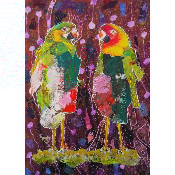 Whimsical Birds Artwork Tropical Bird Painting Boho Jungle Exotic Parrots