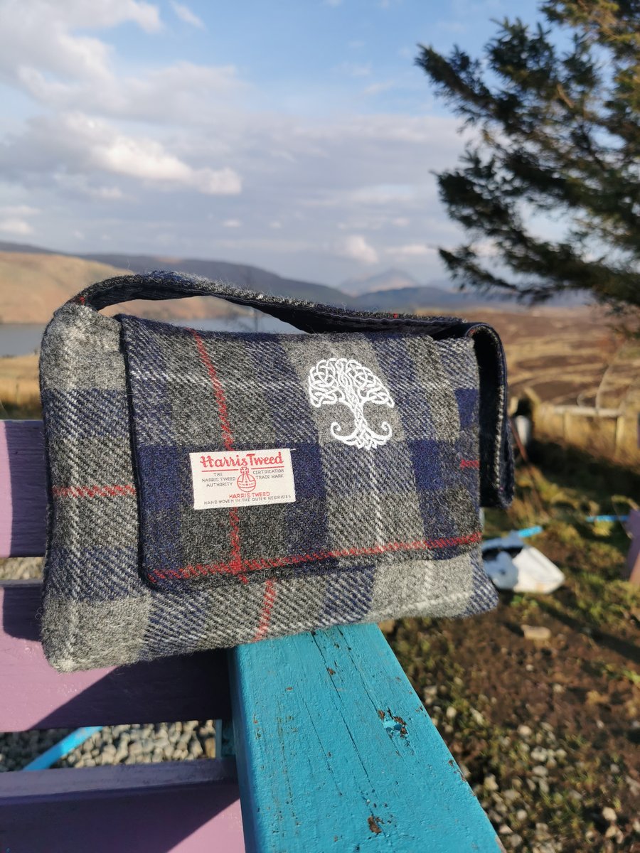 Harris Tweed shoulder bag with embroidered celtic tree of life 