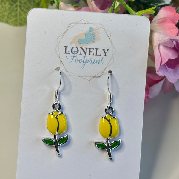 Yellow Tulip Enamel Earrings, Floral and Nature Jewellery, Handmade Gift for Her