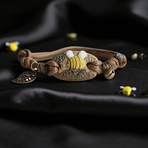 Polymer Clay Bee Bracelet: Corded Wristband, bee gifts, boho jewellery