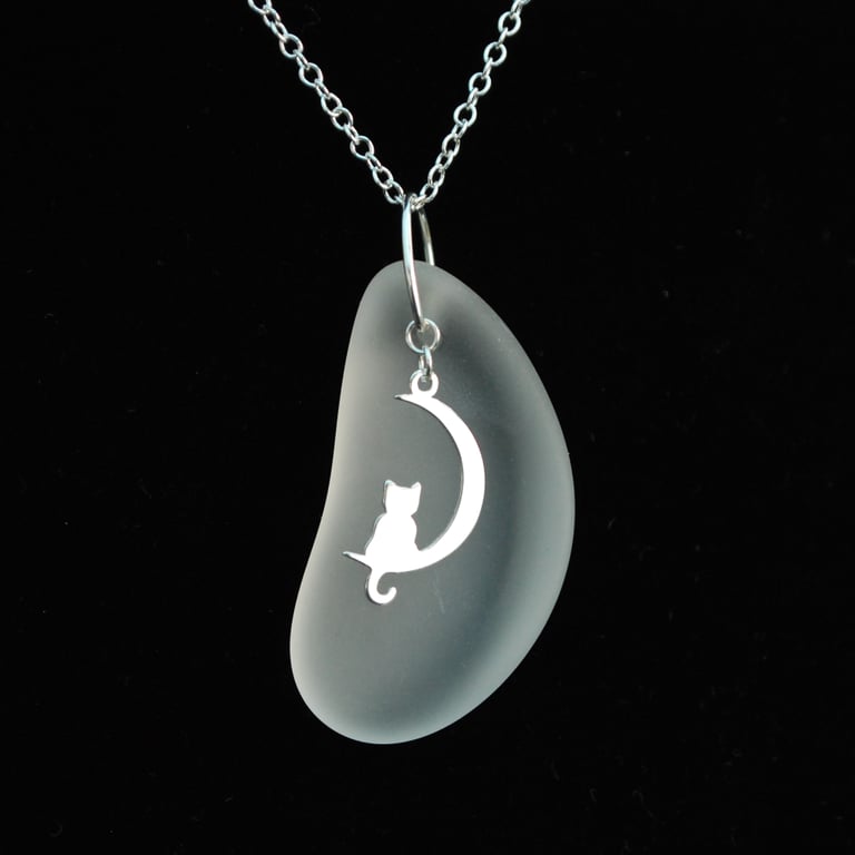 Cat and moon charm with beach glass moon