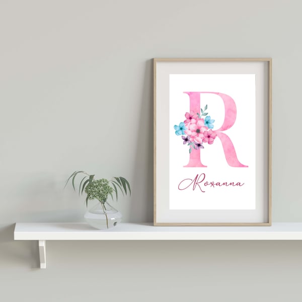 Personalised name print, initial letter pink with flowers print, gift