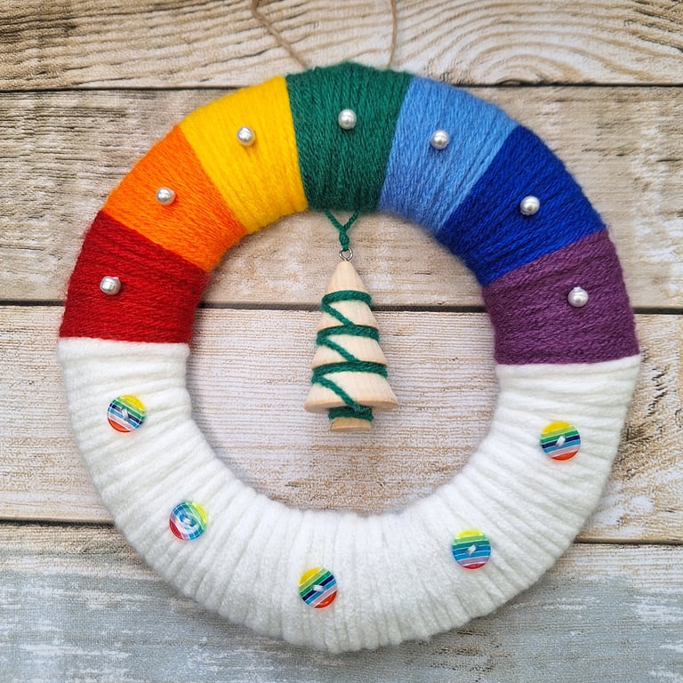 Reusable yarn wool wreath - rainbow, LGBT diversity - 8 inch (20 cm) frame 