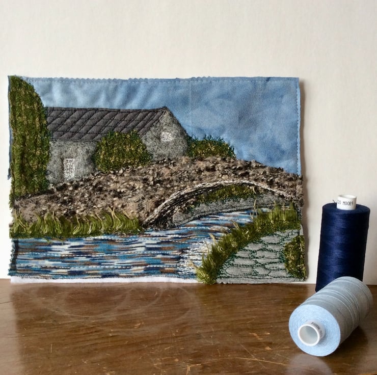 Embroidered landscape of Yorkshire bridge, mill... - Folksy
