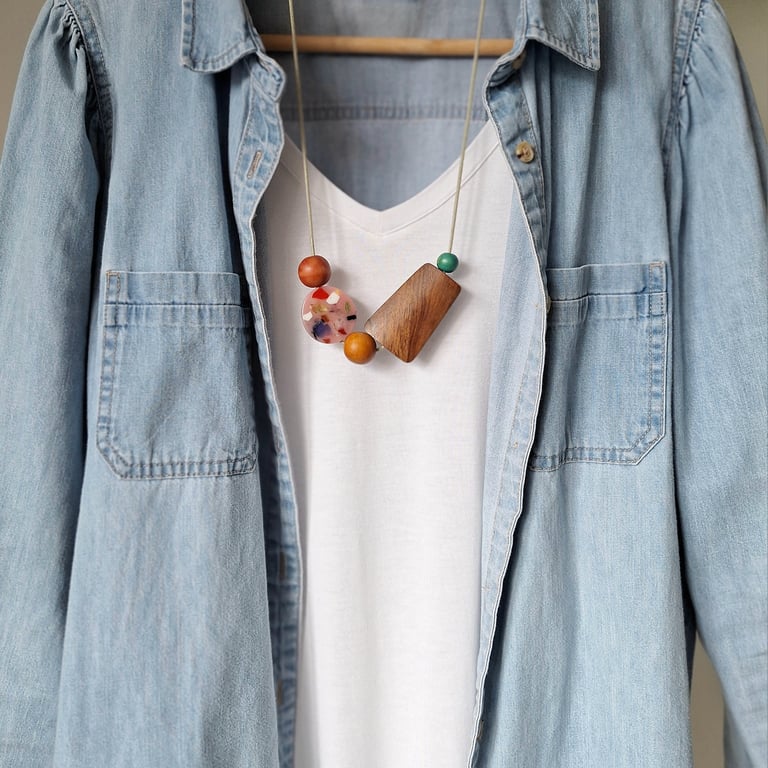 Minnie - Large brown vintage bead and  recycled pale pink terrazzo bead necklace