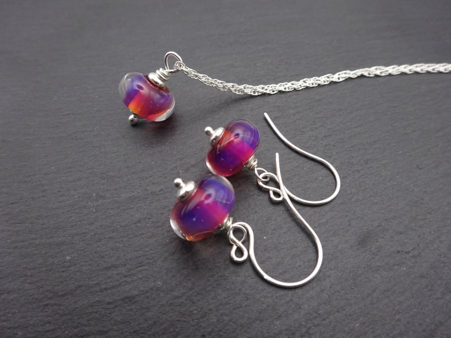 sterling silver lampwork glass necklace and earrings set