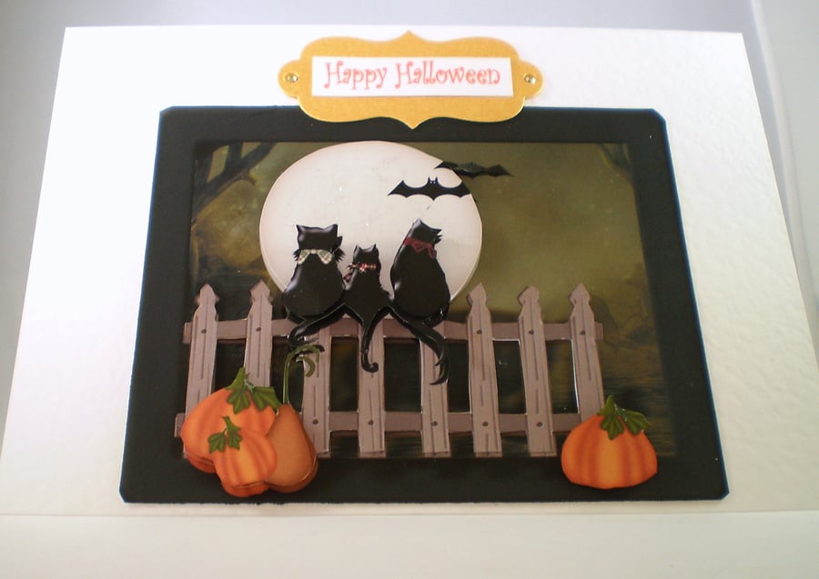Handmade Halloween Greeting Card,Black Cats,pumpkins
