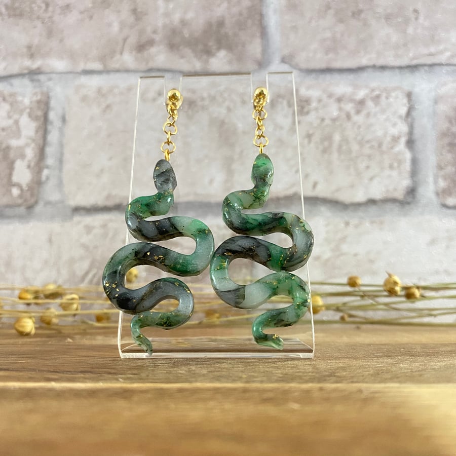 Marble effect Polymer Clay Snake earrings with 18k gold plated studs